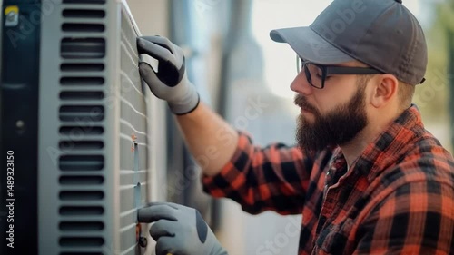 HVAC Technician at Work: A skilled HVAC technician, wearing protective gloves and a cap, diligently inspects the unit of an air conditioner.