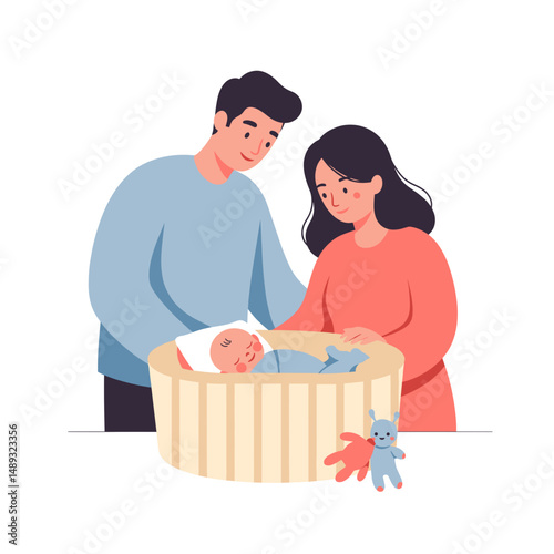 Parents watching their sleeping baby in a crib at home  