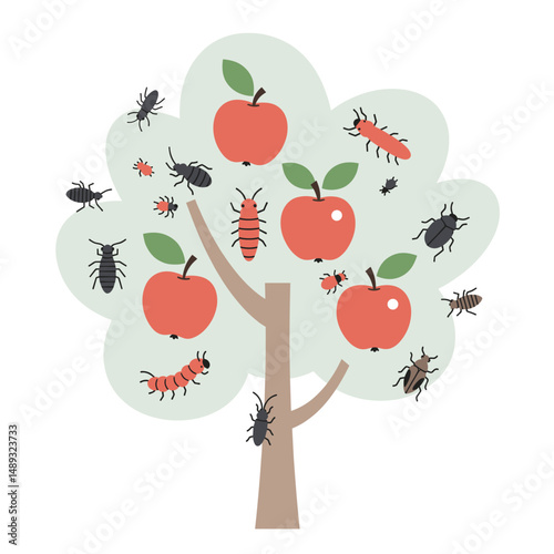 Apple tree infested with insect pests in a flat design style  
