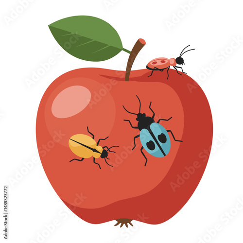 Apple infested with colorful insect pests in a simple illustration  