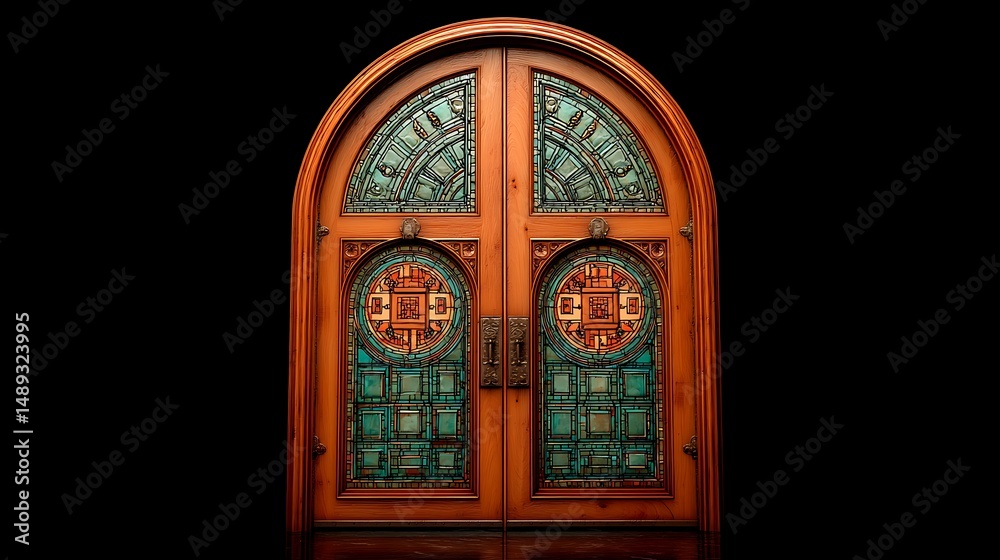 Obraz premium Ornate wooden double doors with stained glass