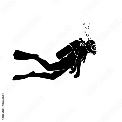 Silhouette of a scuba diver swimming underwater with bubbles rising to the surface in black and white