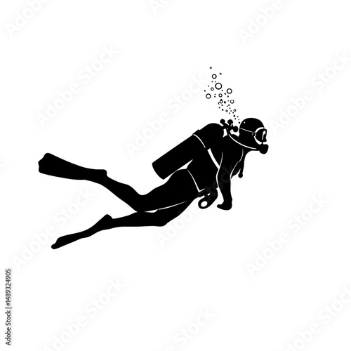 A silhouette of a scuba diver with bubbles rising to the surface in a white background image scene
