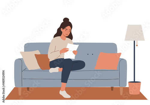 Young woman reading documents while sitting on a sofa at home  