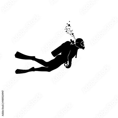 Silhouette of scuba diver swimming upwards with bubbles in a monochrome isolated white background