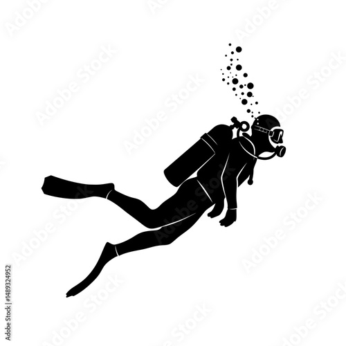 A silhouette of a scuba diver with bubbles rising to the surface on a white background design element