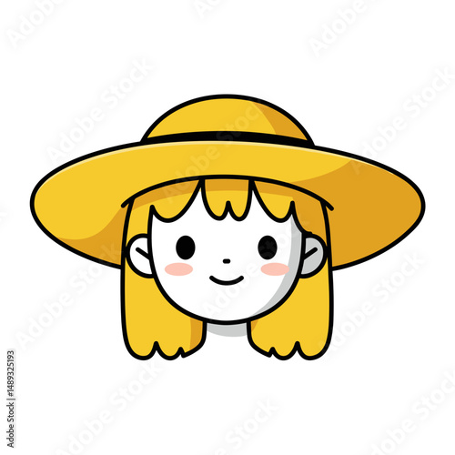 Cartoon girl with blonde hair smiling and wearing a large sun hat  