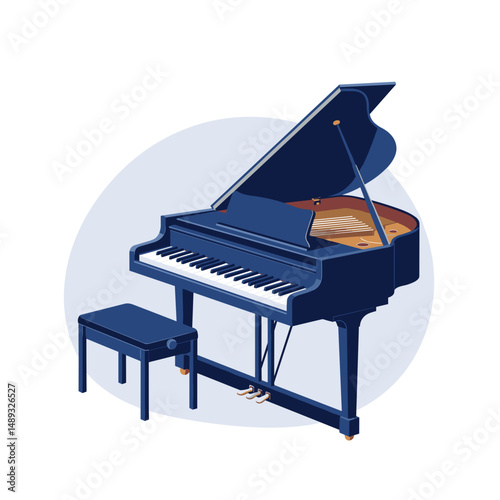 Grand piano with a bench in minimalist blue style for music creation  