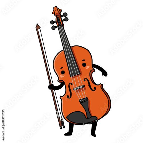 Cartoon violin character holding bow and smiling in a playful pose  