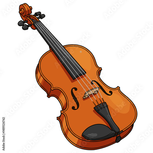 Cartoon violin illustration in vibrant orange color  