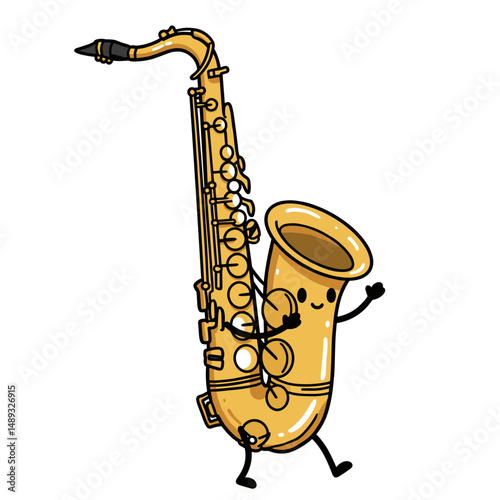 Cartoon saxophone character walking cheerfully with arms outstretched  