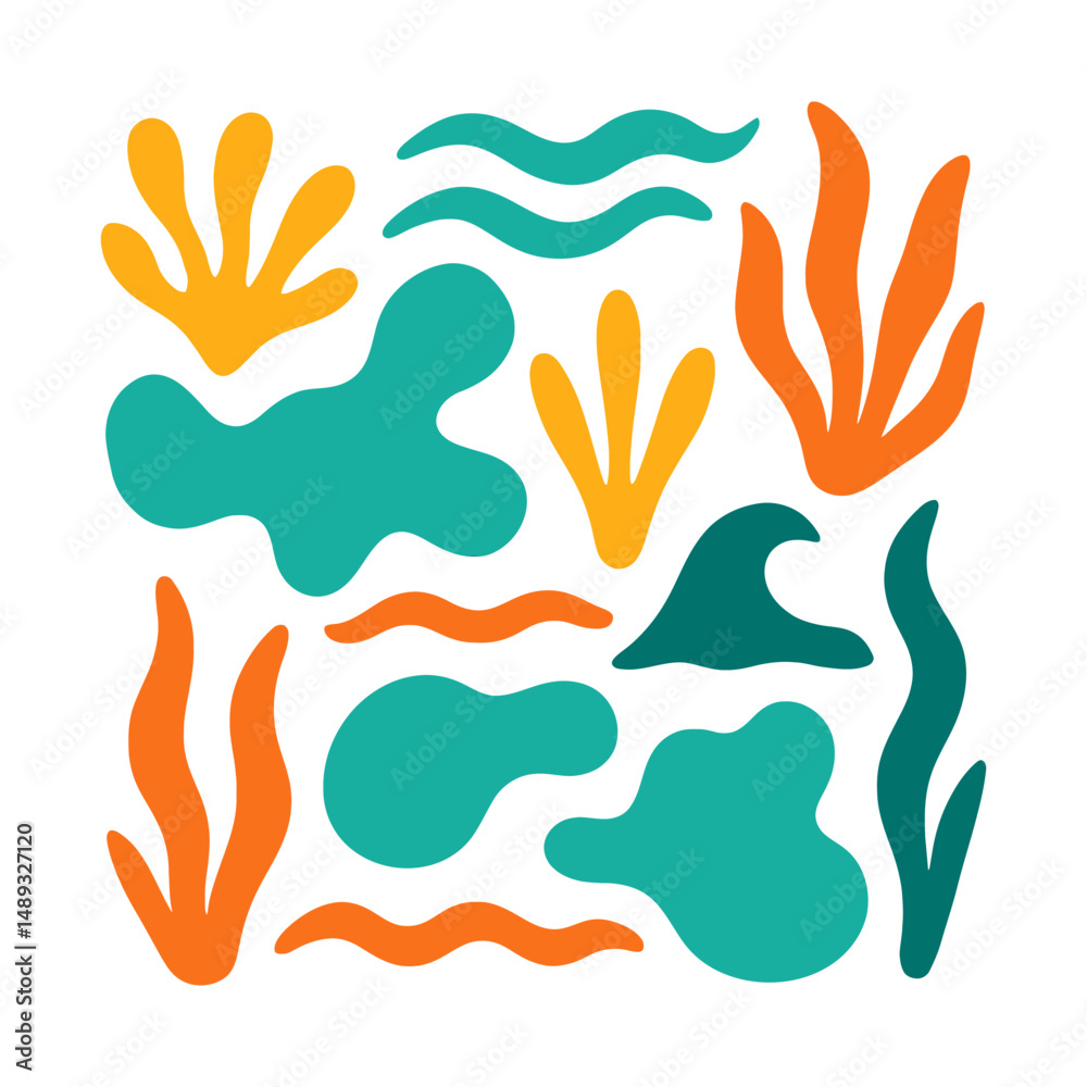 Obraz premium Abstract modern vector sea ocean vacation elements, Colorful vector set of abstract summer doodles, Hand drawn Matisse ocean collection, Set of cute summer icons, tropical palm leaves, fruits, food, 