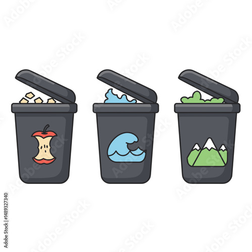 Three colorful waste bins with illustrations of waste items  