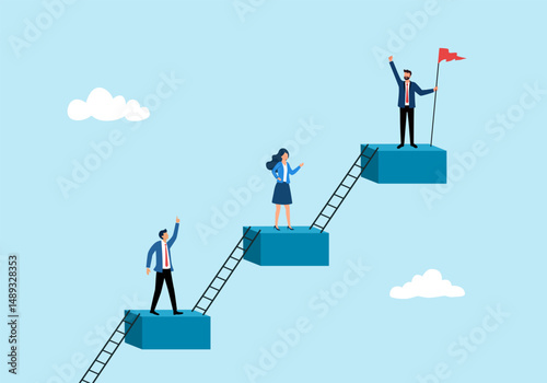Career level, job position or company hierarchy, challenge to improve or career development, step to achieve goal or growth, ladder of success concept, people employee climb ladder to next level.