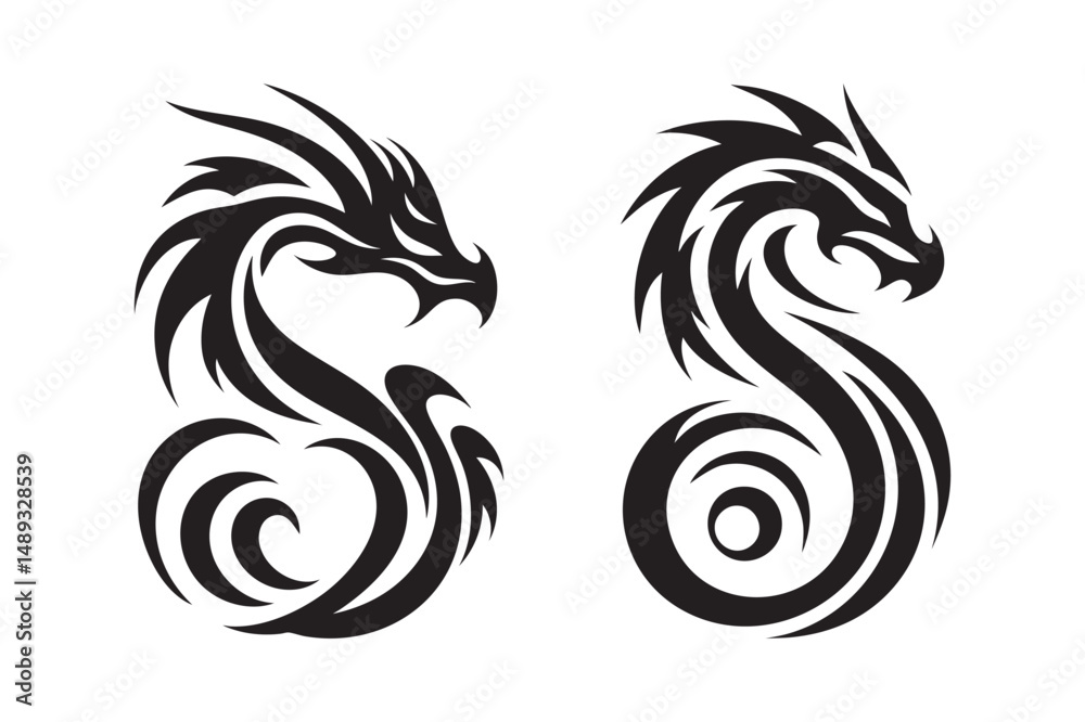 Naklejka premium tribal dragon tattoo silhouette vector illustration.