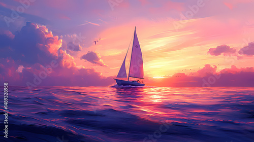 A lone fishing sailboat drifting on the open ocean at sunset, symbolizing solitude and the peaceful rhythm of the sea. [Orbital Echoes] | Zero-G Frequency | drifting beat. Illustration photo