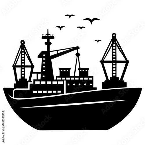 Cargo ship with birds silhouette vector illustration