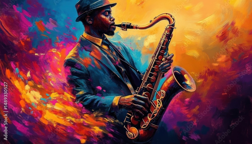 Obraz premium Colorful artistic painting of a man wearing a hat and suit playing a saxophone surrounded by vibrant swirls of orange, purple, pink, and blue hues expressing passion and music