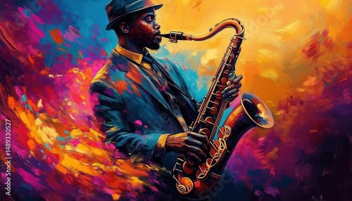 Colorful artistic painting of a man wearing a hat and suit playing a saxophone surrounded by vibrant swirls of orange, purple, pink, and blue hues expressing passion and music