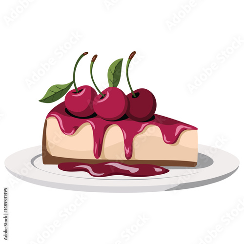 Slice of cherry cheesecake isolated vector illustration on white background