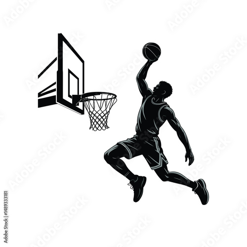 Slam Dunk Silhouette: A dynamic black silhouette of a basketball player executing a powerful slam dunk, embodying the essence of athleticism and skill in the world of basketball.