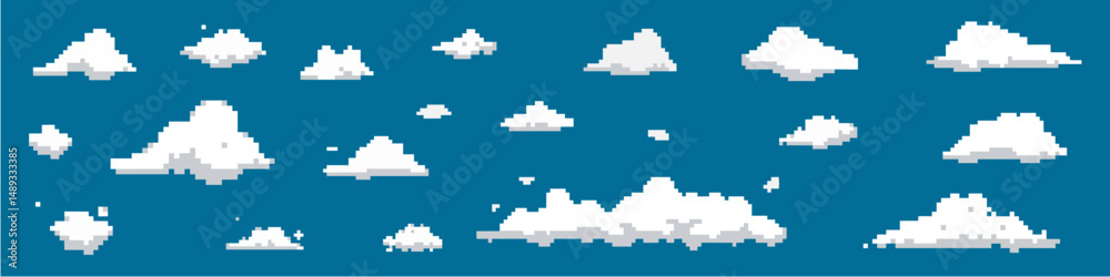 Set pixel cloud icon vector for sky scene, digital weather, and retro game interface. Ideal for 8-bit art, cloud group display, and pixel-style forecast or vapor sky scene illustration.