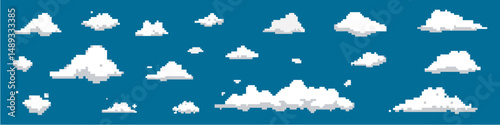 Set pixel cloud icon vector for sky scene, digital weather, and retro game interface. Ideal for 8-bit art, cloud group display, and pixel-style forecast or vapor sky scene illustration.
