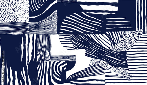 Crafted hand drawn brush lines abstract patchwork and collage pattern, Japanese, ethnic and tribal wood carving, engraving texture background in white and blue, simple and naive graphic for textile