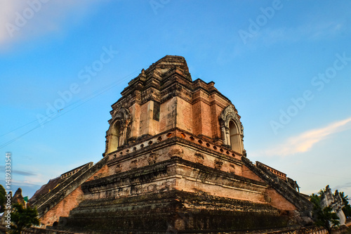 Old Pagoda Architecture Lanna, Symbols of Buddhism, Southeast Asia at Wat Chedi Luang Chiang Mai, Northern, Thailand.