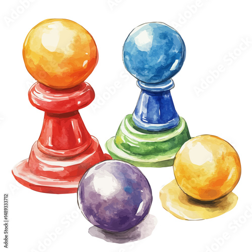 Set Of Jacks With A Bouncy Ball, watercolor clipart vector, high quality, isolated on a white background.