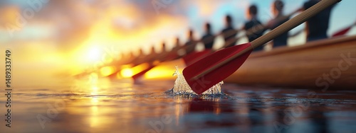 Kayaking Adventure Concept Rowers propel a boat at sunset, creating ripples in the water.
