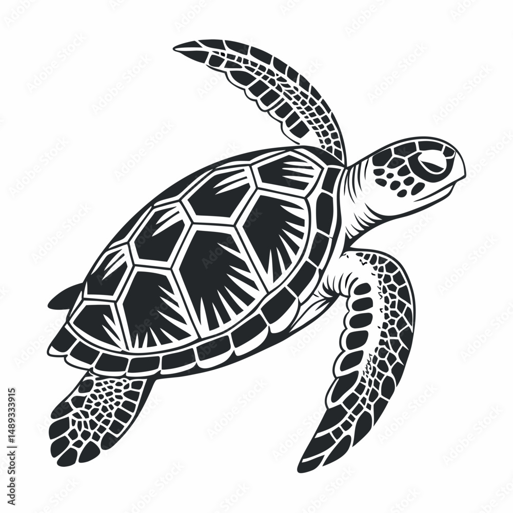 Obraz premium A simple black and white illustration of a sea turtle viewed from above. The turtle has a detailed shell with geometric patterns, flippers extended, and a textured head.