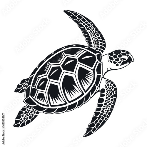A simple black and white illustration of a sea turtle viewed from above. The turtle has a detailed shell with geometric patterns, flippers extended, and a textured head.