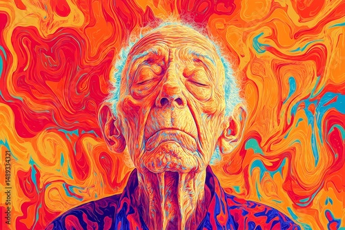 Metaphorical glaucoma awareness of a growing old. Old man frown. Glaucoma - complication in old age: abstract image of individual status. Tired old man. Old people problems. Old age psycho.