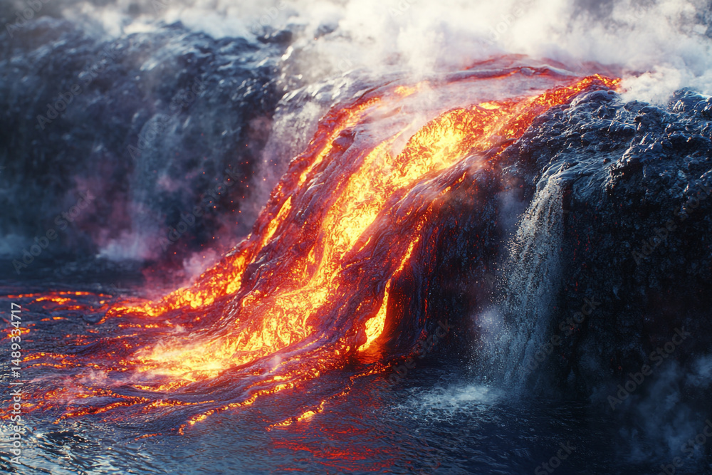 Naklejka premium An awe-inspiring close-up of a lava stream meeting a waterfall, with the intense heat causing steam to rise and form intricate patterns. 