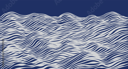 Hand drawn brush lines abstract minimal small waves and water pattern in white and blue, Japanese and ethnic wood carving, engraving texture background for textile, carpet, decoration