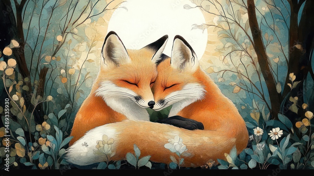 Obraz premium Two affectionate foxes curled up together in a serene forest clearing with soft light and surrounding foliage