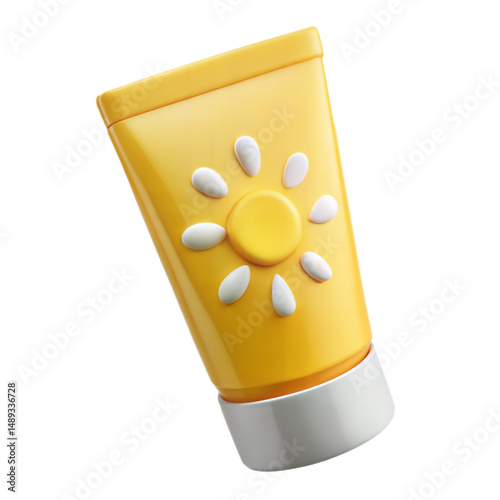 A 3D cartoon-style rendering of a yellow sunscreen tube with a sun design, perfect for summer and beach themes.
