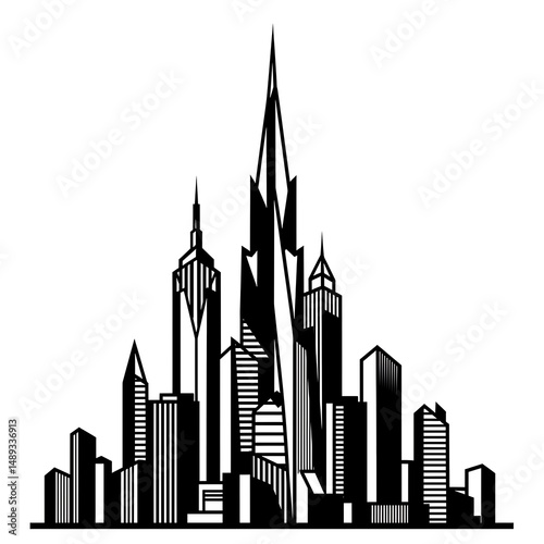 City skyline vector illustration depicts urban skyscrapers and architecture in a business cityscape design