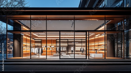 Modern retail store interior at night warm lighting wood and glass design