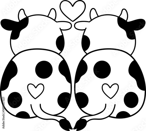 Cute animal couple illustration featuring two cows with hearts