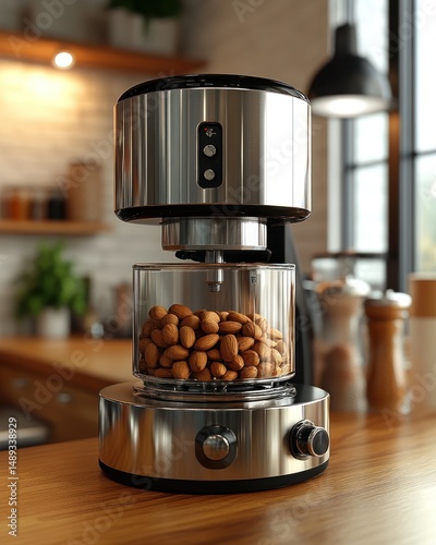 Modern almond grinder on a kitchen counter photo