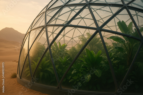 Geodesic dome in desert with lush greenery inside, sustainable oasis architecture concept