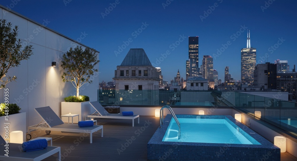 Fototapeta premium Rooftop pool with city view at twilight. Modern design, luxury amenities