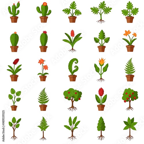 A vector set of tree icons showcases a natural collection of floral plant illustrations for eco-friendly design