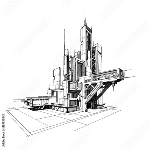 Vector sketch of urban factory construction design in a city