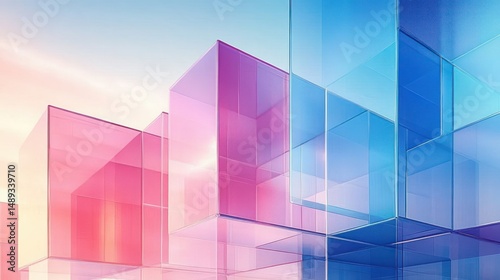 Abstract modern architecture composed of transparent overlapping pink and blue glass cubes reflecting soft natural light