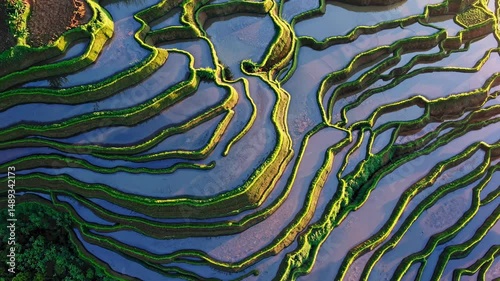 Stunning aerial view of yuanyang rice terraces in yunnan, china, reflecting the colorful sunset sky