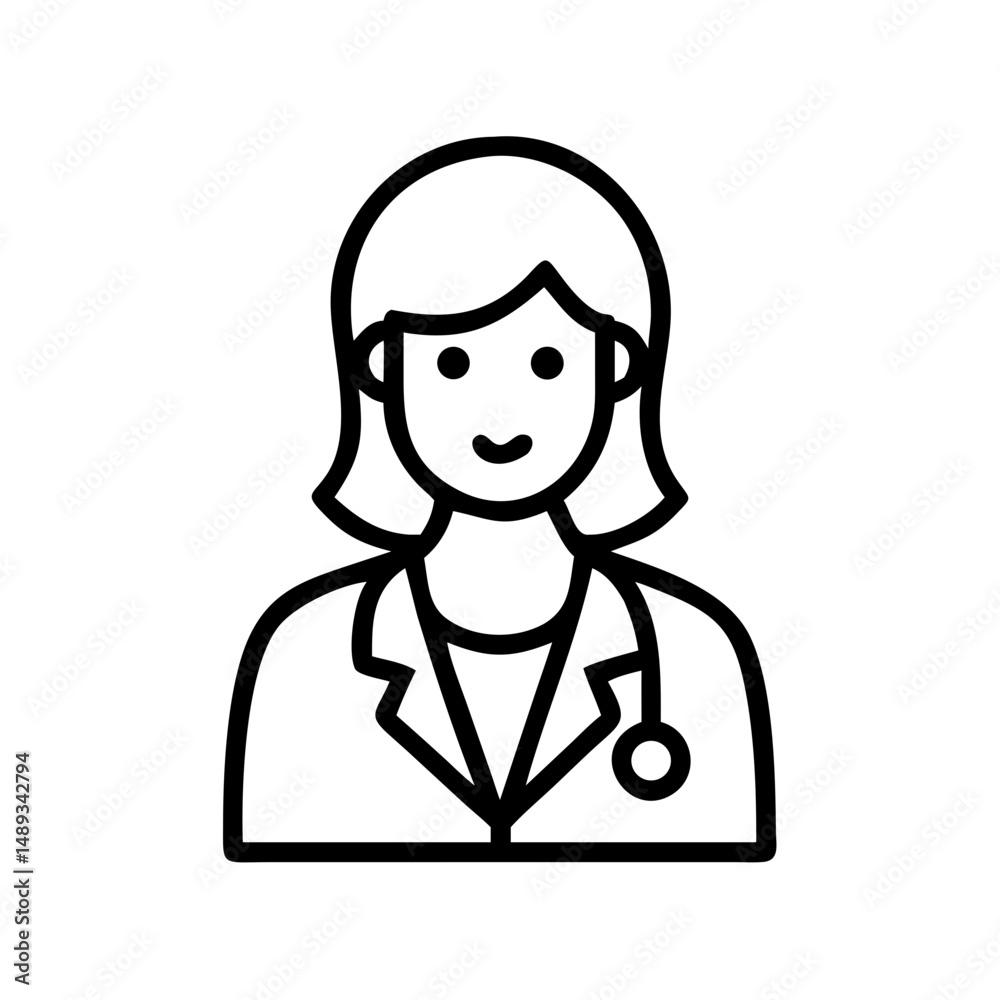 Obraz premium Female doctor with stethoscope in simple line art style, concept of Medical Vector Icons 