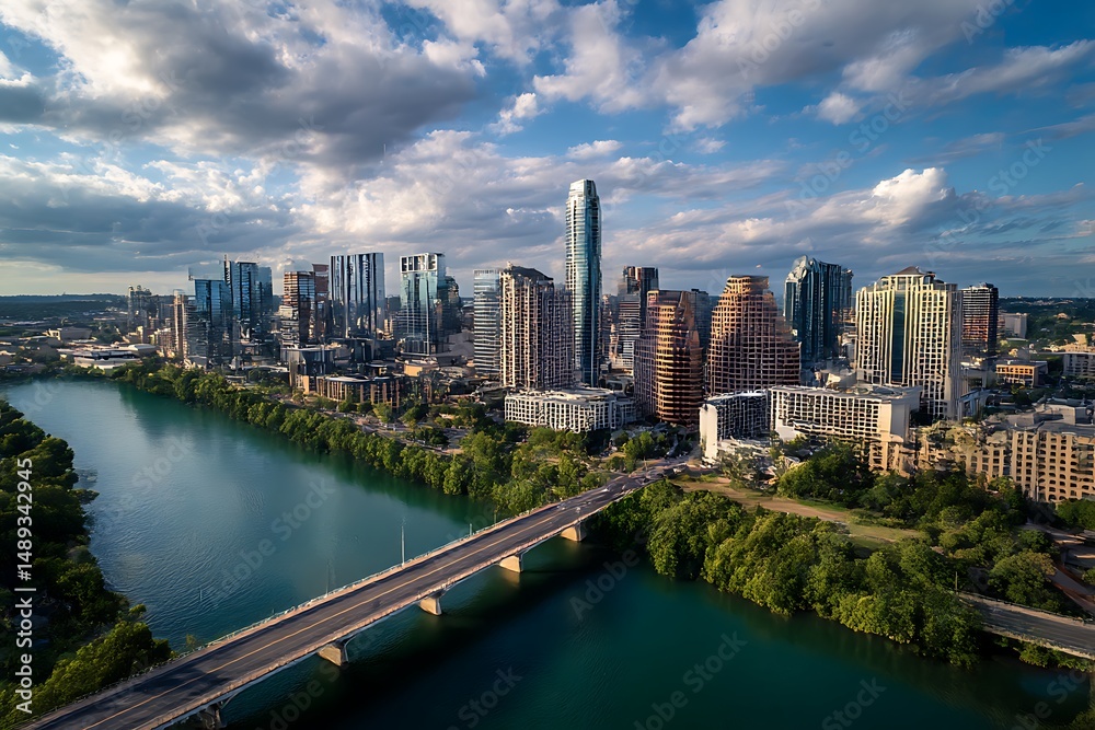 Obraz premium Austin Skyline Aerial View, Colorado River, Modern Skyscrapers, Texas Scenery